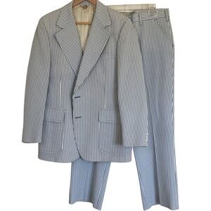 Vtg Mens Leisure Suit Blue White Striped Polyester Blazer 42 Pant 38 Retro